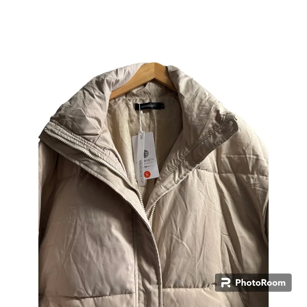 MEROKEETY Womens Winter Long Sleeve Zip Puffer Baggy Short Down Coat S Beige NWT